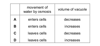 <p>Plant cells are placed in a solution with a lower water potential than that of the cells.</p>
<p>Which row is correct?</p>