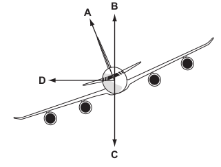 <p>The diagram shows an aeroplane turning in a horizontal circle at constant speed.</p>
<p>In which direction is there a resultant force?</p>