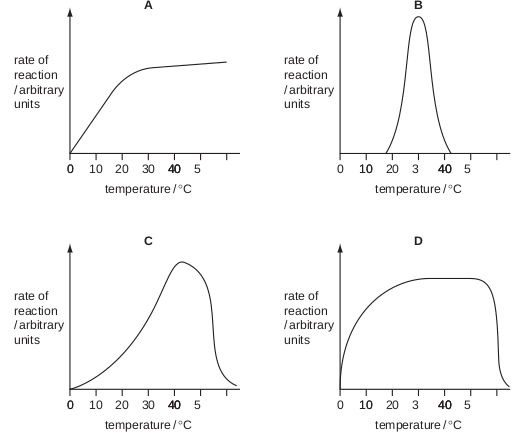 <p>Which graph shows the effect of temperature on enzyme-controlled reactions?</p>