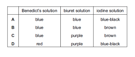 <p>Amylase solution is tested with Benedict’s solution, biuret solution and iodine solution.</p>
<p>Which colours are obtained?</p>