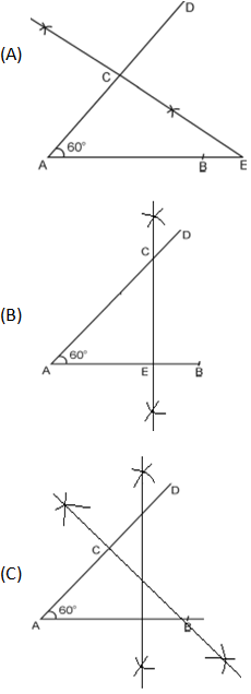 <p>&nbsp;Draw the line segment AB = 5 cm. From the point A draw a line segment AD = 6cm making an angle of 60 degrees with AB. Draw a perpendicular bisector of AD. Select the correct figure.&nbsp;</p>