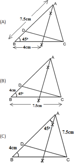 <p>&nbsp;&nbsp;For ∆ABC in which BC = 7.5 cm, ∠B =45 degrees and AB – AC = 4, select the correct figure.&nbsp;</p>