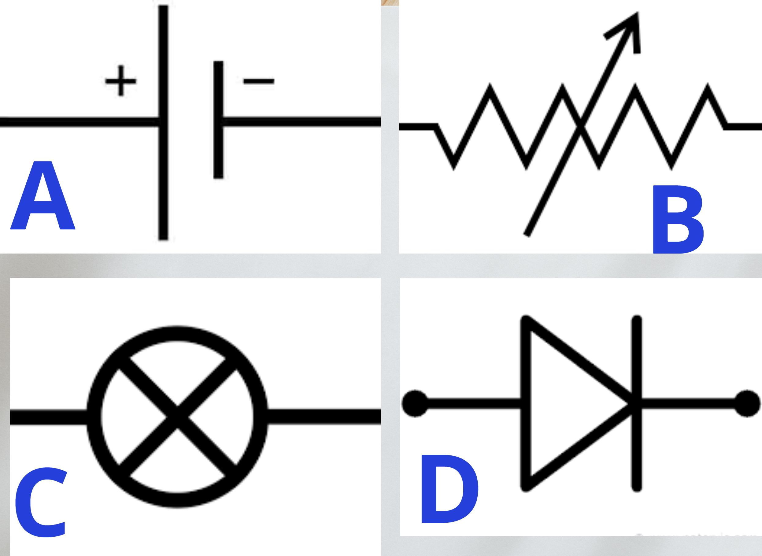 <p>Which of the symbols below represents a bulb in a circuit?</p>