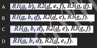 <p>    In the database relation R (a, b, d, e, f) attribute b and d are dependent only on a; e only on d; and f only on d. which of these sets of relations is equivalent to R in third normal form (3NF), if key attributes are underlined?    </p>